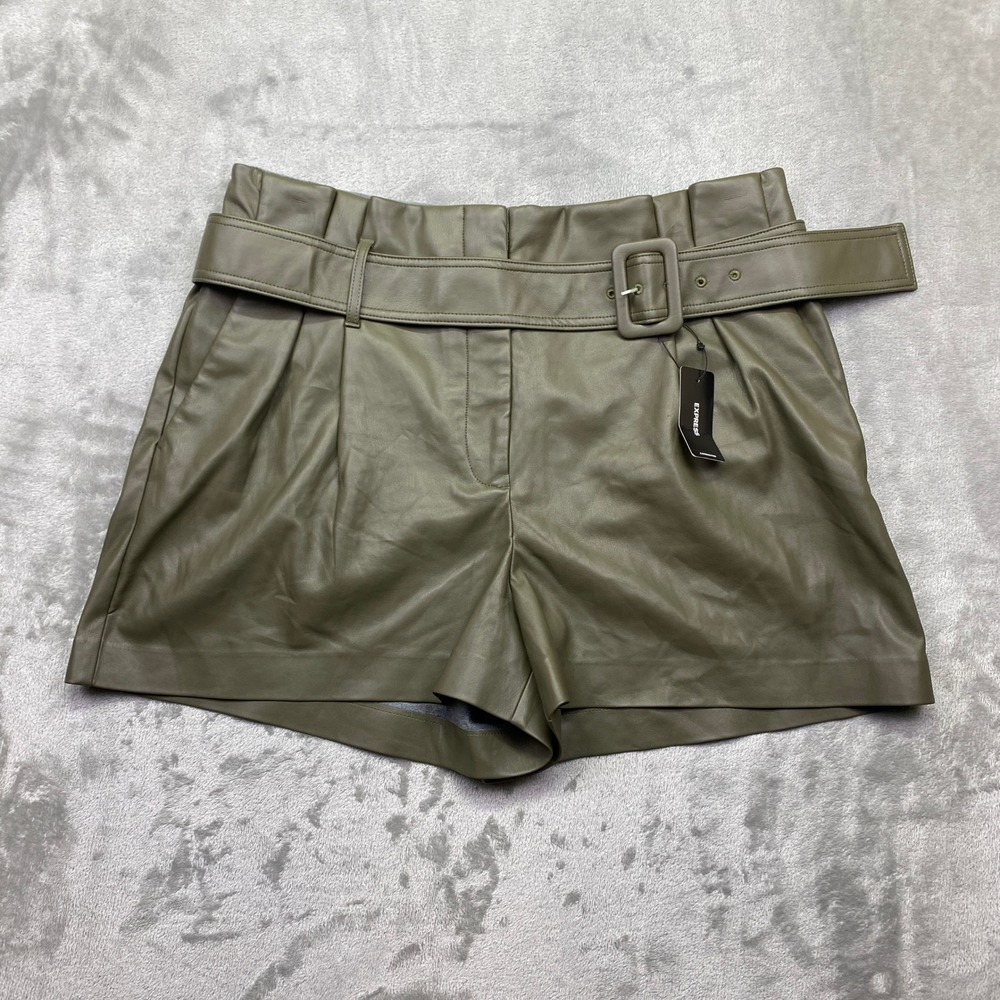 Express Faux Leather Paperbag Waist Belted Shorts Olive Green Size 14 NWT Grunge